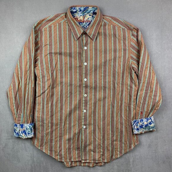 Robert Graham Mens Shirt Large Brown Blue Vertical Striped Button Up Herringbone - Picture 1 of 10